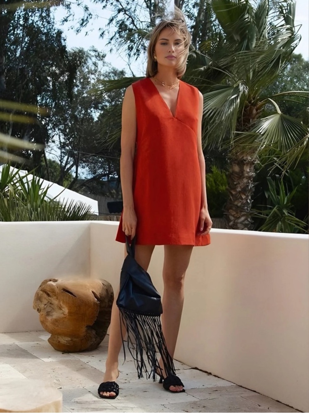 Commense Sleeveless Orange Linen Blend Mini Dress - Picture 2 of 8